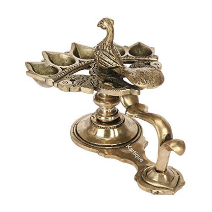Brass Heavy Panch Arti Diya Oil Lamp with Peacock Handle Mangal Fashions | Indian Home Decor and Craft