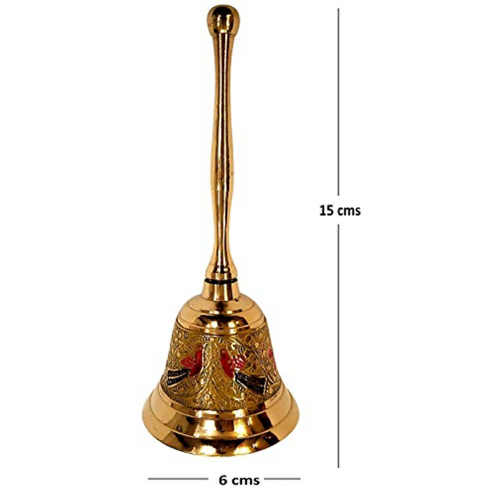 Brass Made Pooja Bell, Engraved Meenakari Work - 6 inch Tall Mangal Fashions | Indian Home Decor and Craft