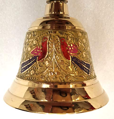 Brass Made Pooja Bell, Engraved Meenakari Work - 6 inch Tall Mangal Fashions | Indian Home Decor and Craft