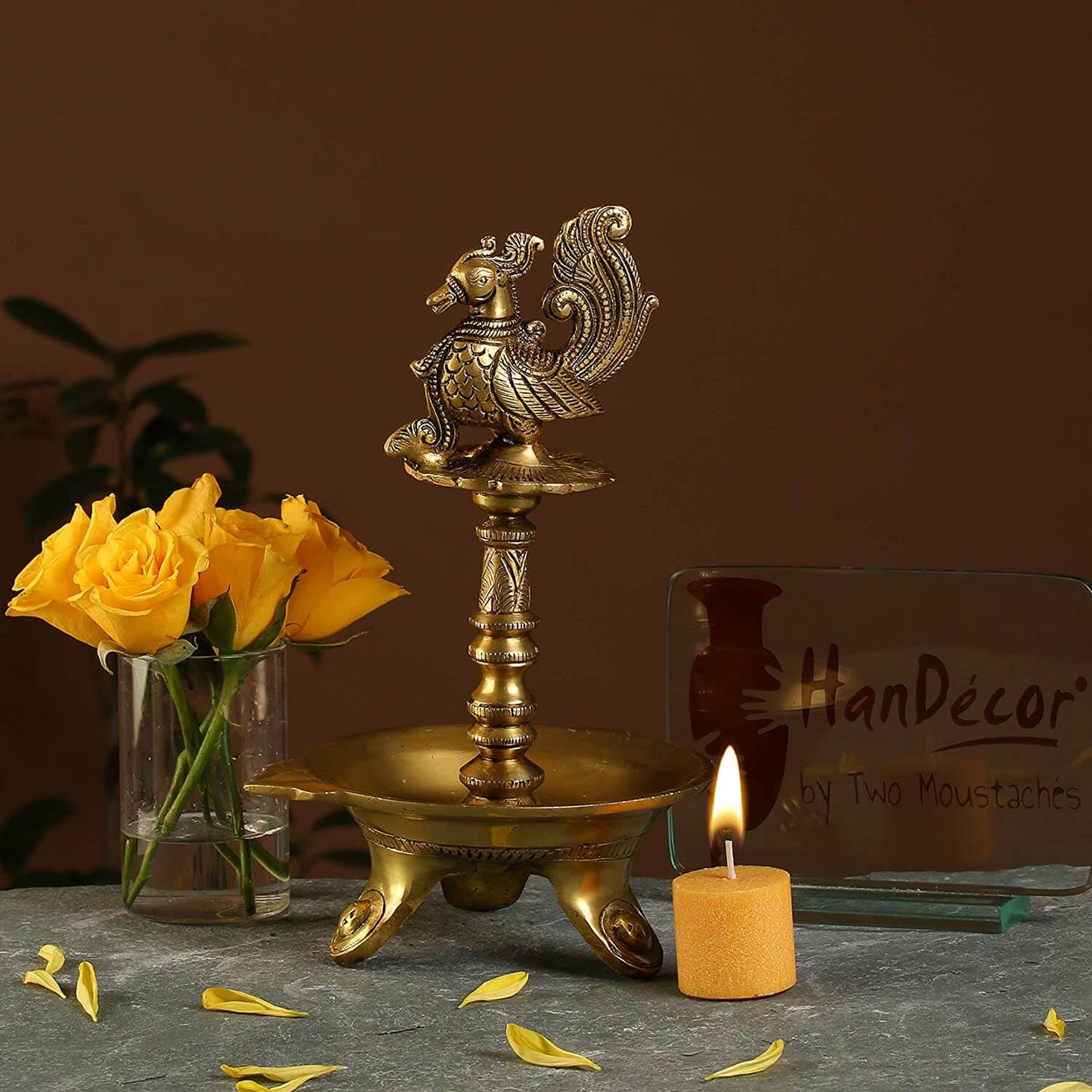 Brass Peacock Design Oil Diya with Base for Home Decor (6 x 5 x 9 Inch; Weight 1.5 kg) Mangal Fashions | Indian Home Decor and Craft