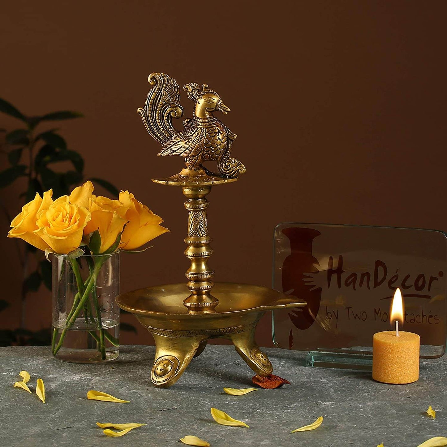 Brass Peacock Design Oil Diya with Base for Home Decor (6 x 5 x 9 Inch; Weight 1.5 kg) Mangal Fashions | Indian Home Decor and Craft