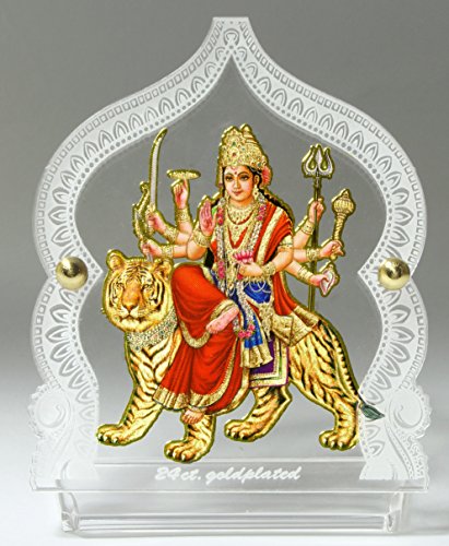 Car Dashboard Idol Gold plated foil on Acrylic Frame- Durga ji with japa mala (Prayer Beads), Pack of 1 Mangal Fashions | Indian Home Decor and Craft