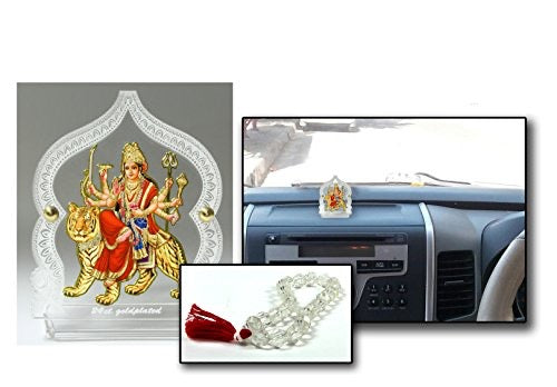 Car Dashboard Idol Gold plated foil on Acrylic Frame- Durga ji with japa mala (Prayer Beads), Pack of 1 Mangal Fashions | Indian Home Decor and Craft