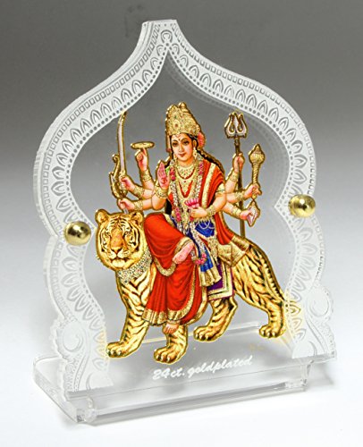 Car Dashboard Idol Gold plated foil on Acrylic Frame- Durga ji with japa mala (Prayer Beads), Pack of 1 Mangal Fashions | Indian Home Decor and Craft