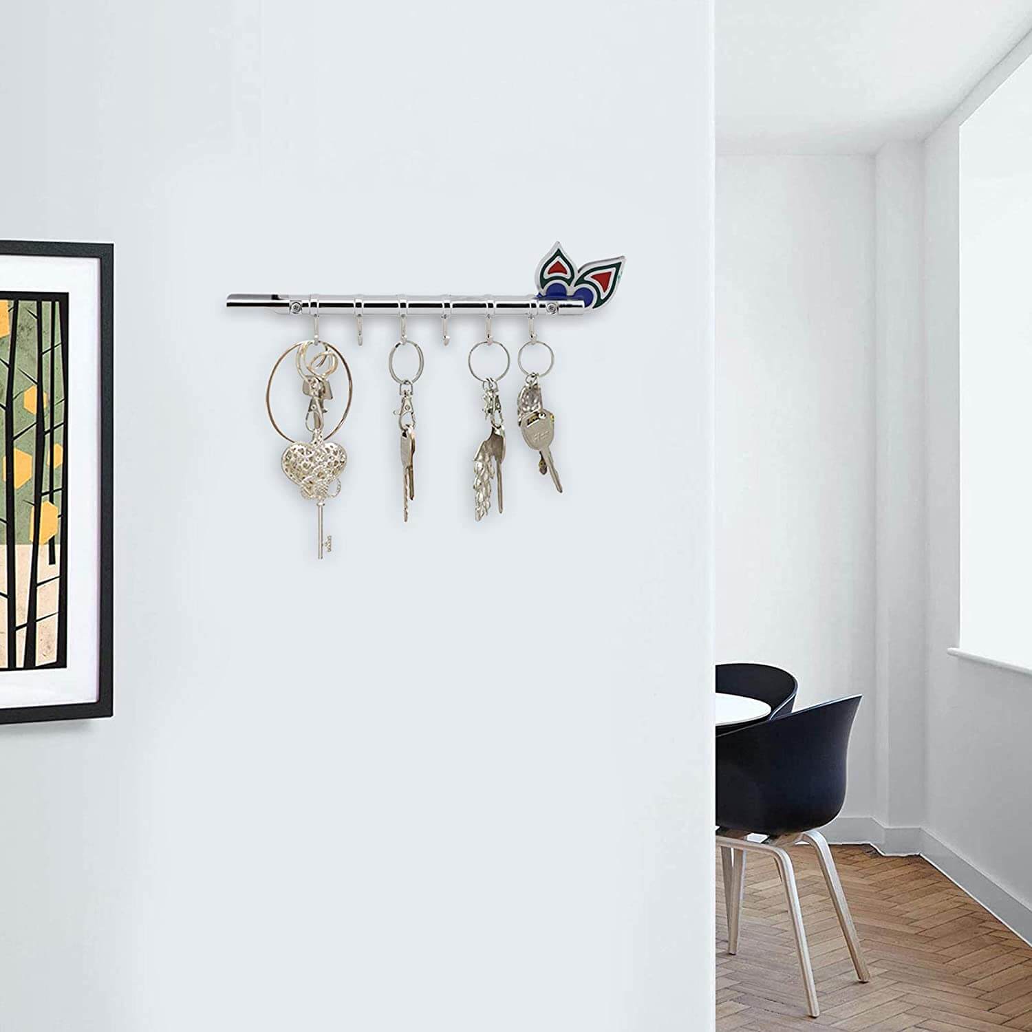 Chrome & Glossy Bansuri Key Holder for Wall - 6 Pin Key Hanging Hooks Rail Mangal Fashions | Indian Home Decor and Craft