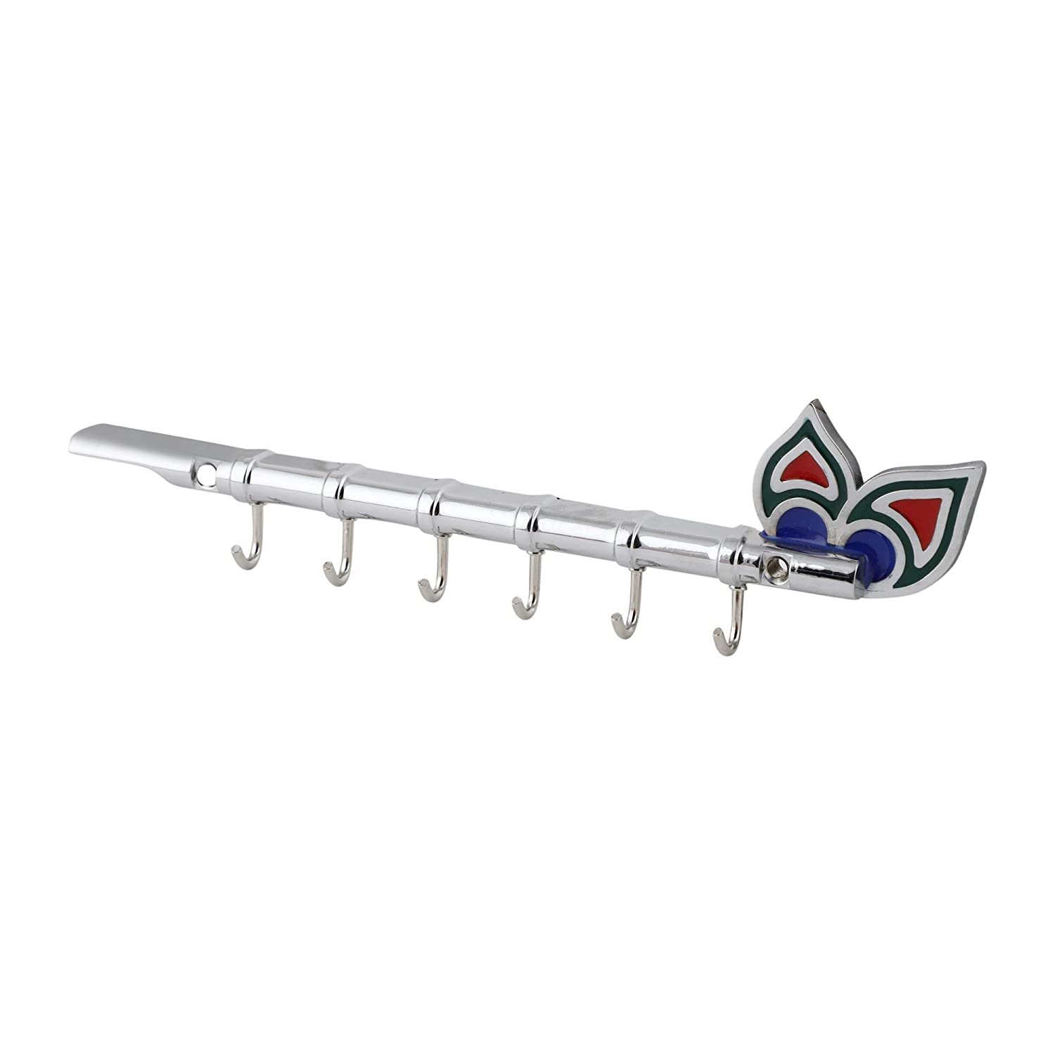 Chrome & Glossy Bansuri Key Holder for Wall - 6 Pin Key Hanging Hooks Rail Mangal Fashions | Indian Home Decor and Craft