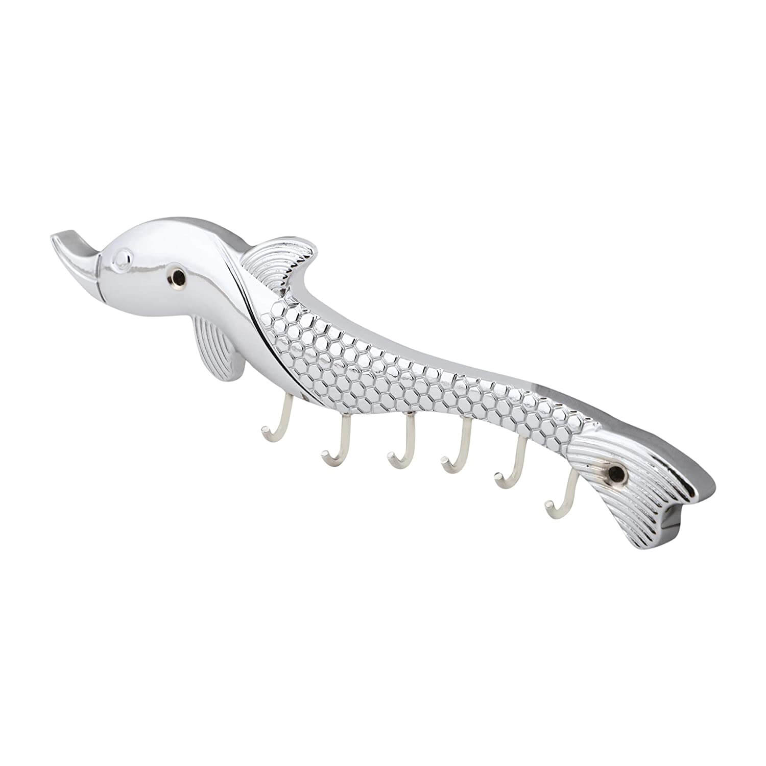 Chrome & Glossy Fish Key Holder for Wall - 6 Pin Key Hanging Hooks Rail Mangal Fashions | Indian Home Decor and Craft