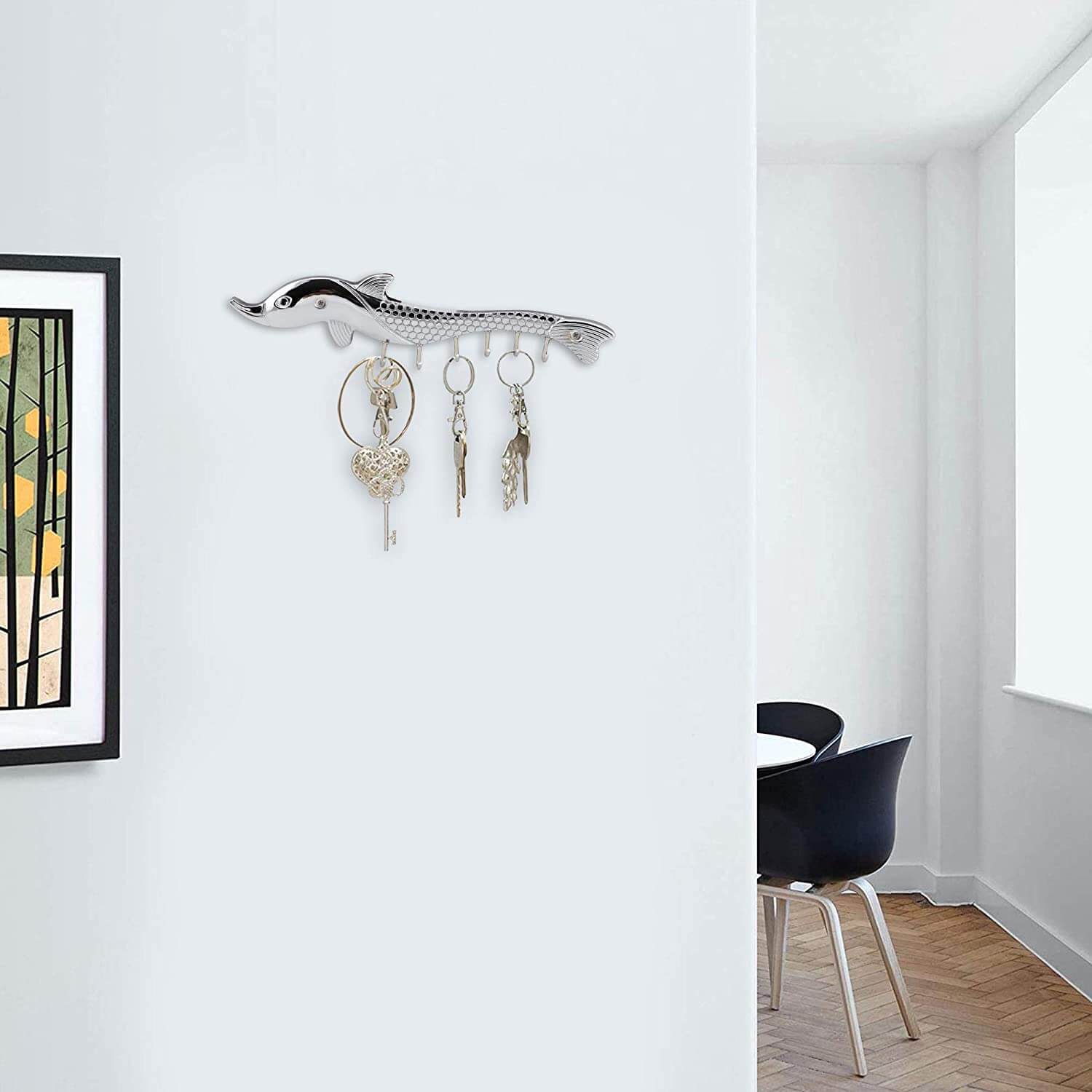 Chrome & Glossy Fish Key Holder for Wall - 6 Pin Key Hanging Hooks Rail Mangal Fashions | Indian Home Decor and Craft