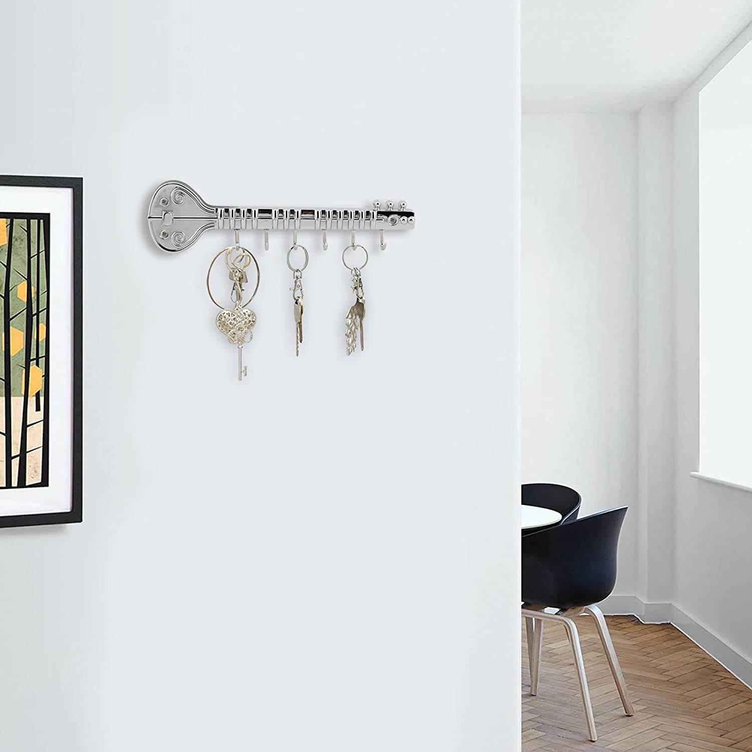 Chrome and Shiny Guitar Key Holder for Wall - 6 pin Key Hanging Hooks Rail Mangal Fashions | Indian Home Decor and Craft