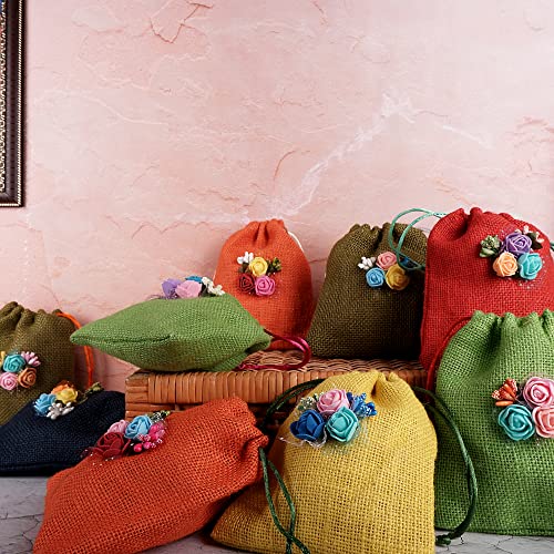 Colored Jute Potli With Multicolour Flower Jute Linen Potlis | Gift Bags for Return Gifts Bags| Jute Linen,Burlap Mangal Fashions | Indian Home Decor and Craft