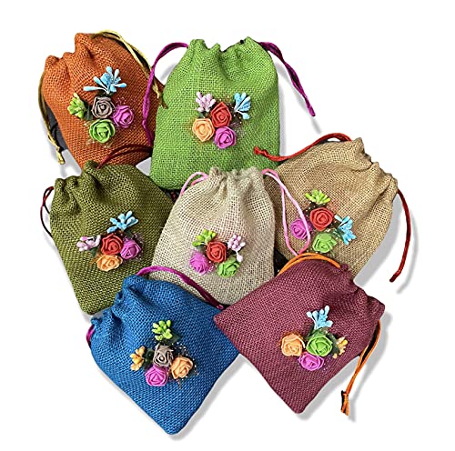 Colored Jute Potli With Multicolour Flower Jute Linen Potlis | Gift Bags for Return Gifts Bags| Jute Linen,Burlap Mangal Fashions | Indian Home Decor and Craft