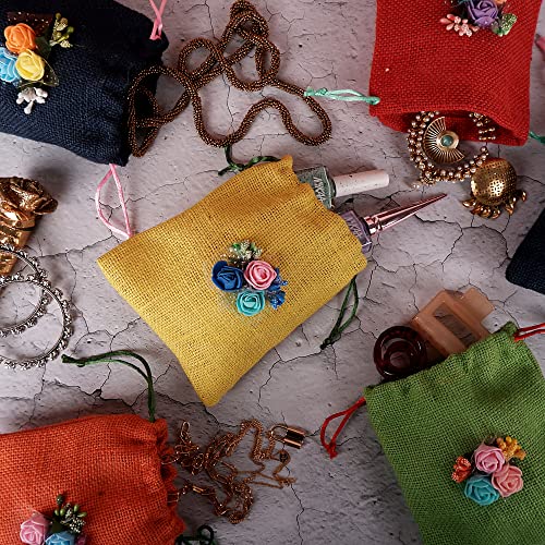 Colored Jute Potli With Multicolour Flower Jute Linen Potlis | Gift Bags for Return Gifts Bags| Jute Linen,Burlap Mangal Fashions | Indian Home Decor and Craft
