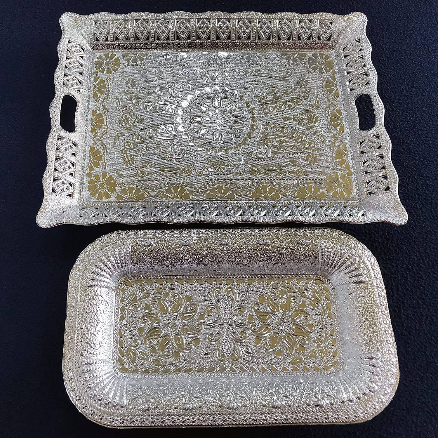 Combo Set of 2 Floral Design Decorative Serving Tray, Traditional Multipurpose Platter for Mukhwas, Dry Fruits, Home Decor, Return and Festive Gifts Mangal Fashions | Indian Home Decor and Craft