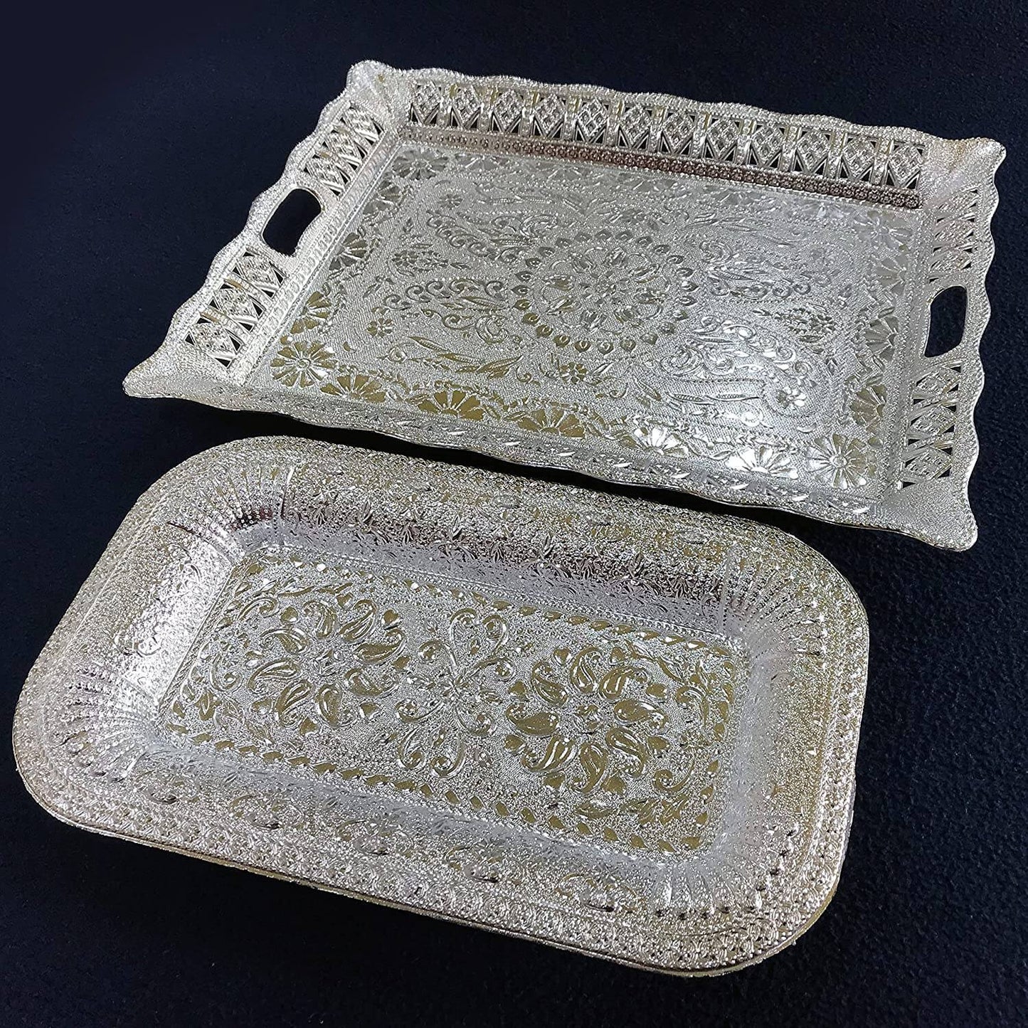 Combo Set of 2 Floral Design Decorative Serving Tray, Traditional Multipurpose Platter for Mukhwas, Dry Fruits, Home Decor, Return and Festive Gifts Mangal Fashions | Indian Home Decor and Craft