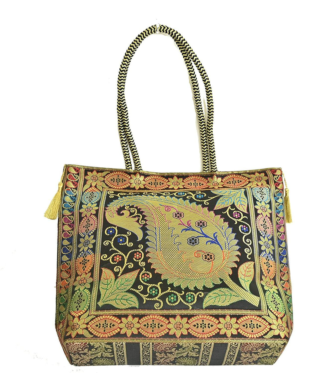 Embroidery Silk Handicraft Hand Bag, Shoulder, Tote Bag For Ladies (13 x 11.5 x 7.5 Inches, Leaves & Flower, Black Color) Mangal Fashions | Indian Home Decor and Craft