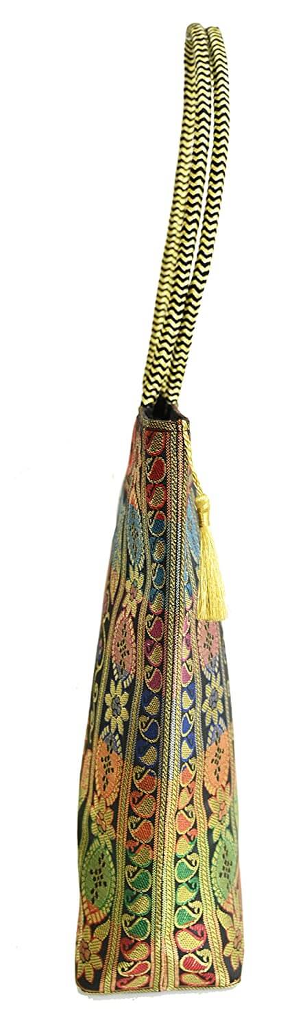 Embroidery Silk Handicraft Hand Bag, Shoulder, Tote Bag For Ladies (13 x 11.5 x 7.5 Inches, Leaves & Flower, Black Color) Mangal Fashions | Indian Home Decor and Craft