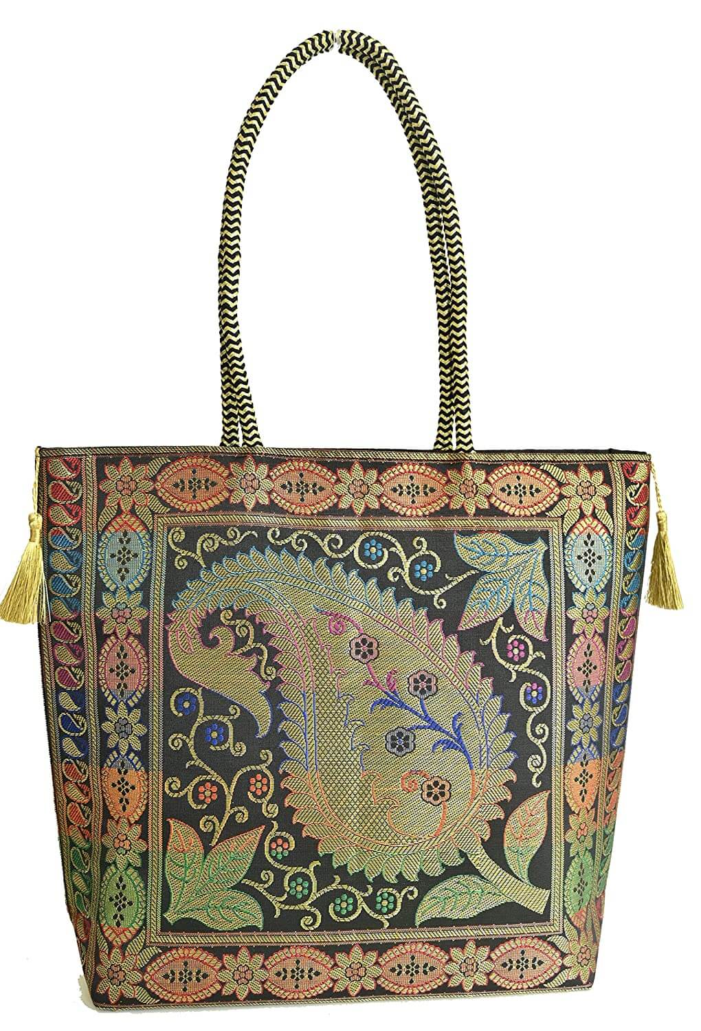 Embroidery Silk Handicraft Hand Bag, Shoulder, Tote Bag For Ladies (13 x 11.5 x 7.5 Inches, Leaves & Flower, Black Color) Mangal Fashions | Indian Home Decor and Craft