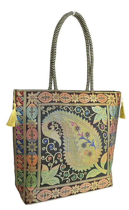 Embroidery Silk Handicraft Hand Bag, Shoulder, Tote Bag For Ladies (13 x 11.5 x 7.5 Inches, Leaves & Flower, Black Color) Mangal Fashions | Indian Home Decor and Craft