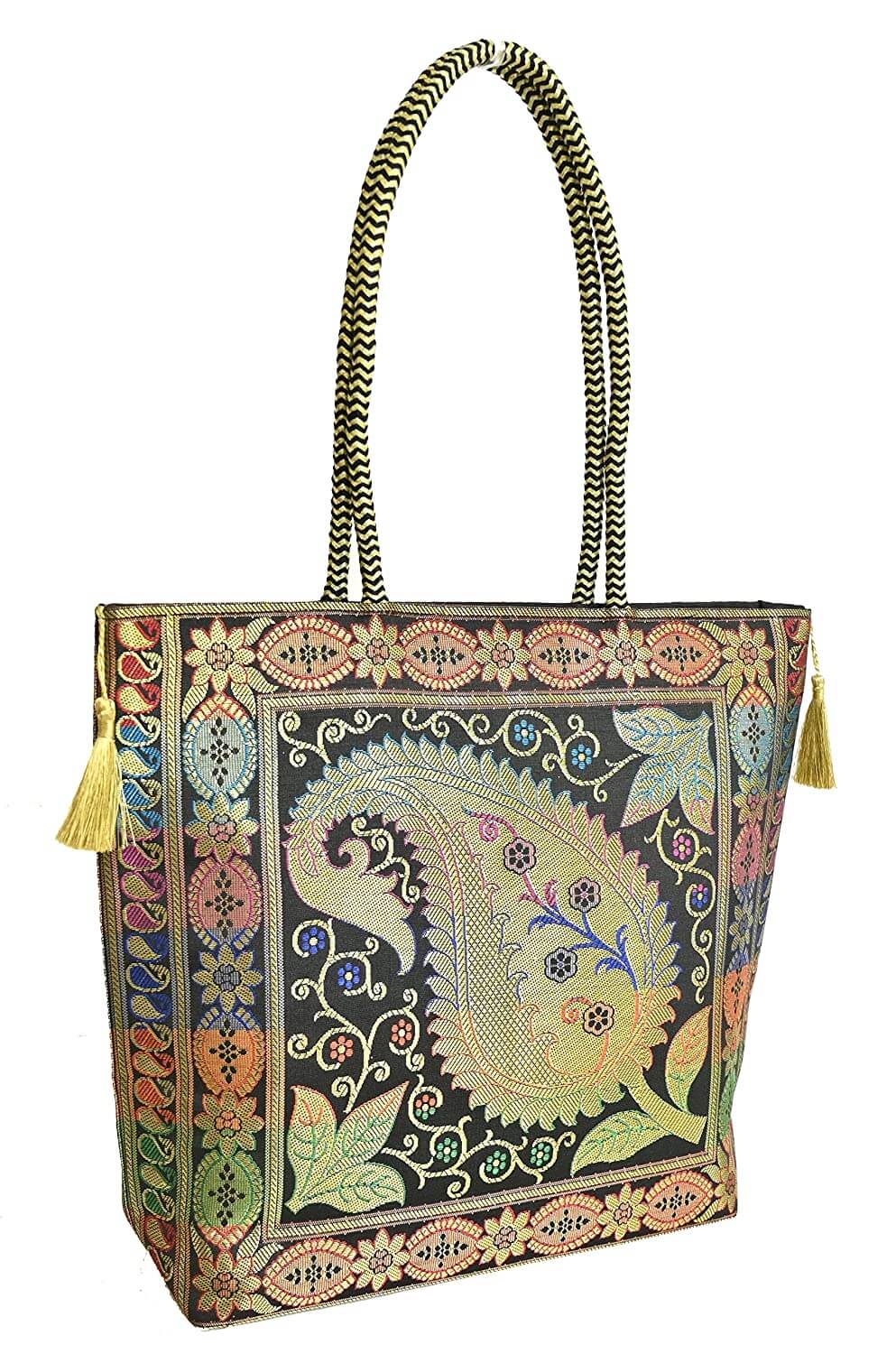 Embroidery Silk Handicraft Hand Bag, Shoulder, Tote Bag For Ladies (13 x 11.5 x 7.5 Inches, Leaves & Flower, Black Color) Mangal Fashions | Indian Home Decor and Craft