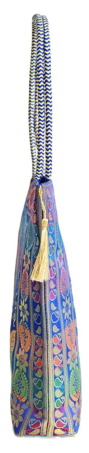 Embroidery Silk Handicraft Hand Bag, Shoulder, Tote Bag For Ladies (13 x 11.5 x 7.5 Inches, Leaves & Flower, Blue Color) Mangal Fashions | Indian Home Decor and Craft