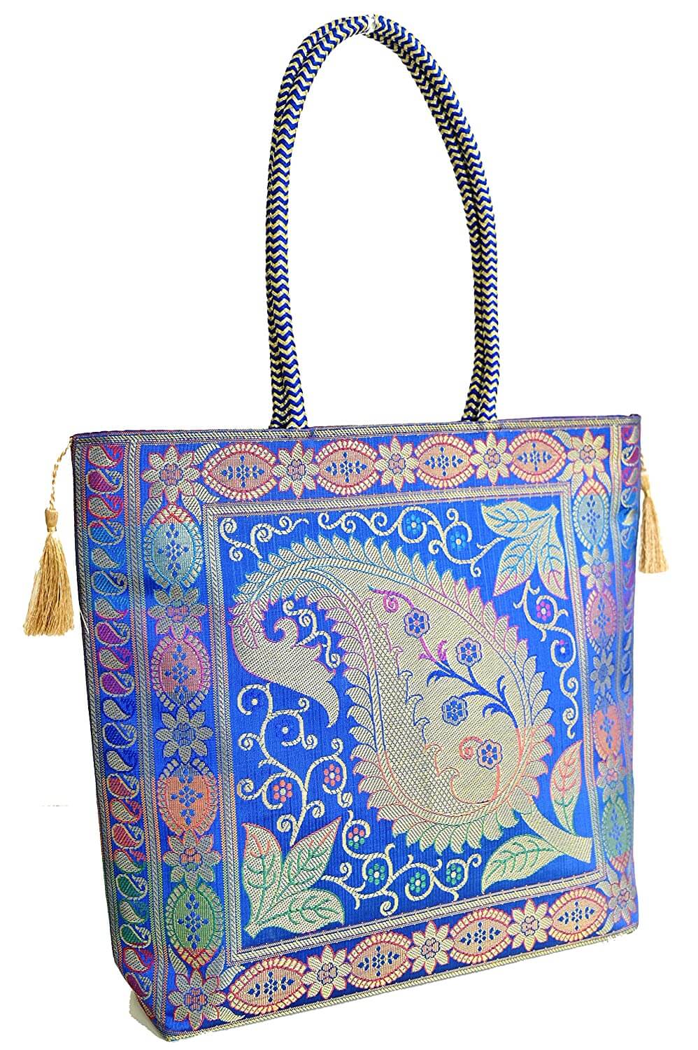 Embroidery Silk Handicraft Hand Bag, Shoulder, Tote Bag For Ladies (13 x 11.5 x 7.5 Inches, Leaves & Flower, Blue Color) Mangal Fashions | Indian Home Decor and Craft