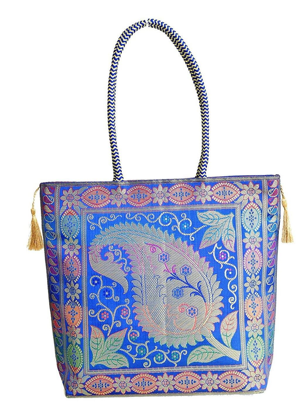 Embroidery Silk Handicraft Hand Bag, Shoulder, Tote Bag For Ladies (13 x 11.5 x 7.5 Inches, Leaves & Flower, Blue Color) Mangal Fashions | Indian Home Decor and Craft