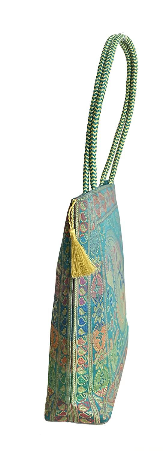 Embroidery Silk Handicraft Hand Bag, Shoulder, Tote Bag For Ladies (13 x 11.5 x 7.5 Inches, Leaves & Flower, Green Color) Mangal Fashions | Indian Home Decor and Craft
