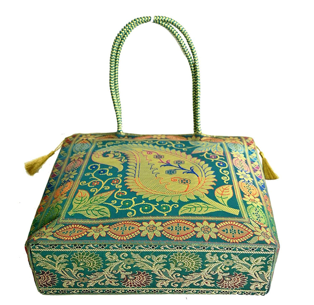 Embroidery Silk Handicraft Hand Bag, Shoulder, Tote Bag For Ladies (13 x 11.5 x 7.5 Inches, Leaves & Flower, Green Color) Mangal Fashions | Indian Home Decor and Craft