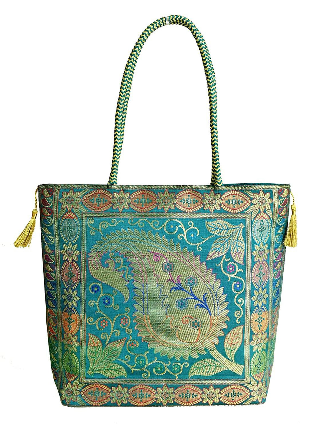 Embroidery Silk Handicraft Hand Bag, Shoulder, Tote Bag For Ladies (13 x 11.5 x 7.5 Inches, Leaves & Flower, Green Color) Mangal Fashions | Indian Home Decor and Craft