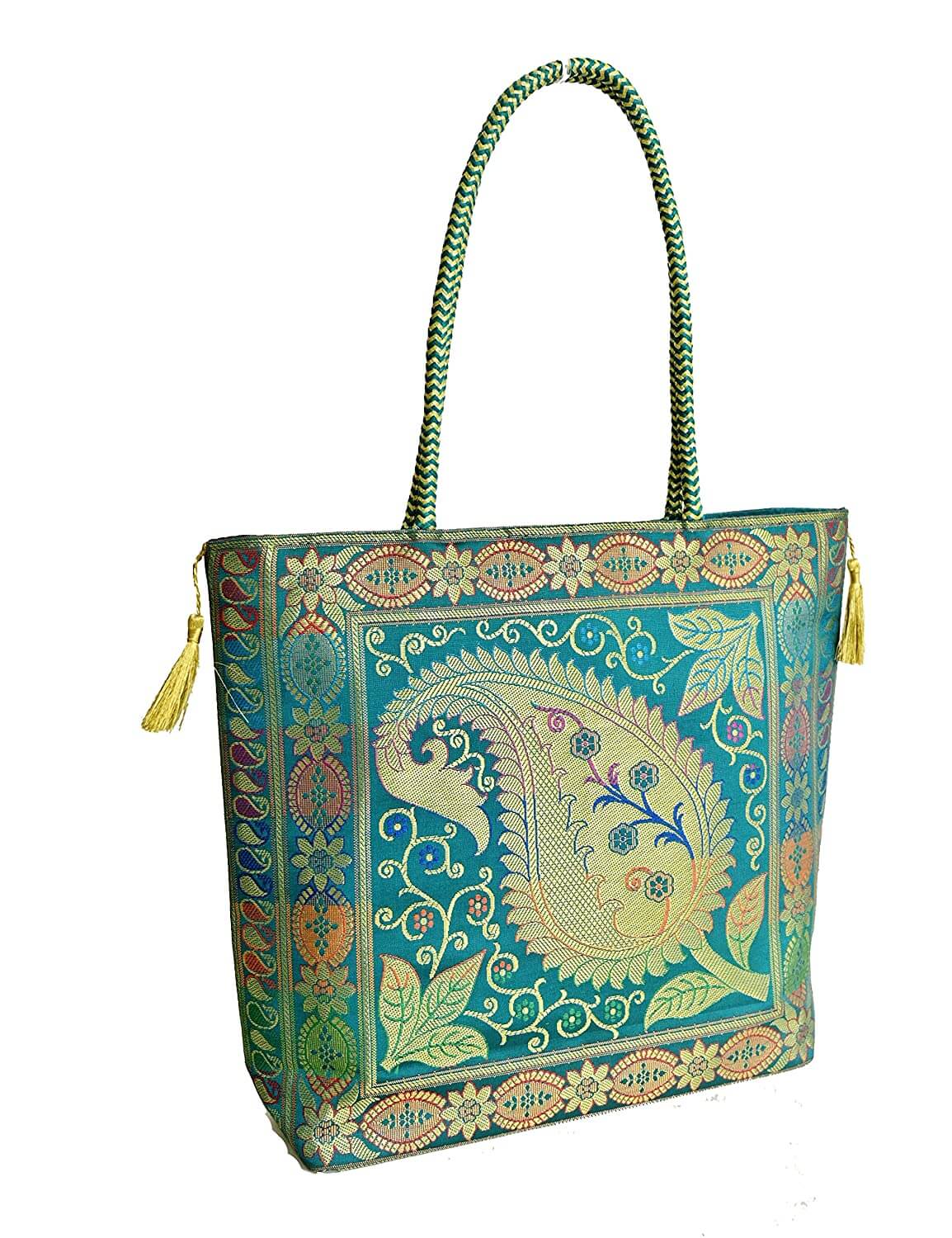 Embroidery Silk Handicraft Hand Bag, Shoulder, Tote Bag For Ladies (13 x 11.5 x 7.5 Inches, Leaves & Flower, Green Color) Mangal Fashions | Indian Home Decor and Craft