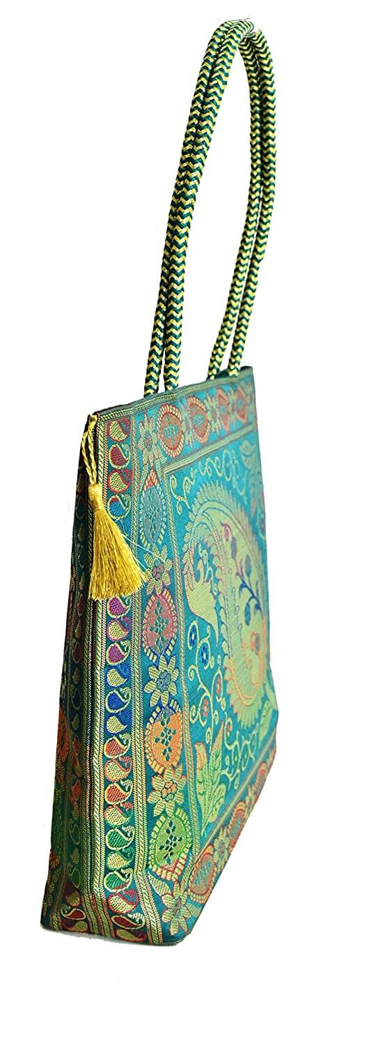Embroidery Silk Handicraft Hand Bag, Shoulder, Tote Bag For Ladies (13 x 11.5 x 7.5 Inches, Leaves & Flower, Green Color) Mangal Fashions | Indian Home Decor and Craft