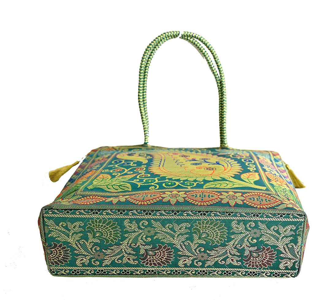 Embroidery Silk Handicraft Hand Bag, Shoulder, Tote Bag For Ladies (13 x 11.5 x 7.5 Inches, Leaves & Flower, Green Color) Mangal Fashions | Indian Home Decor and Craft