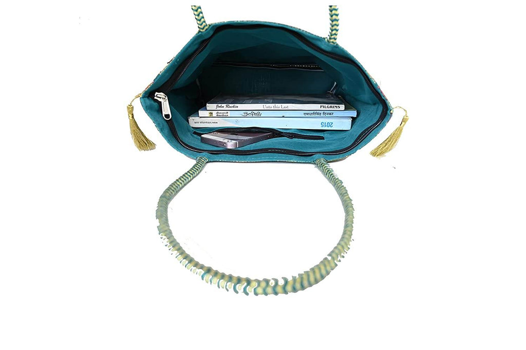 Embroidery Silk Handicraft Hand Bag, Shoulder, Tote Bag For Ladies (13 x 11.5 x 7.5 Inches, Leaves & Flower, Green Color) Mangal Fashions | Indian Home Decor and Craft