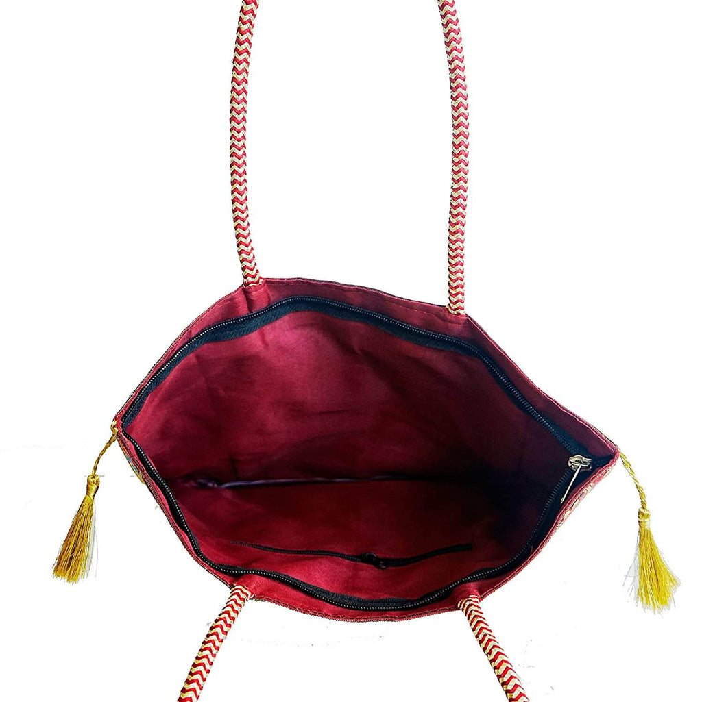 Embroidery Silk Handicraft Hand Bag, Shoulder, Tote Bag For Ladies (13 x 11.5 x 7.5 Inches, Leaves & Flower, Maroon Color) Mangal Fashions | Indian Home Decor and Craft