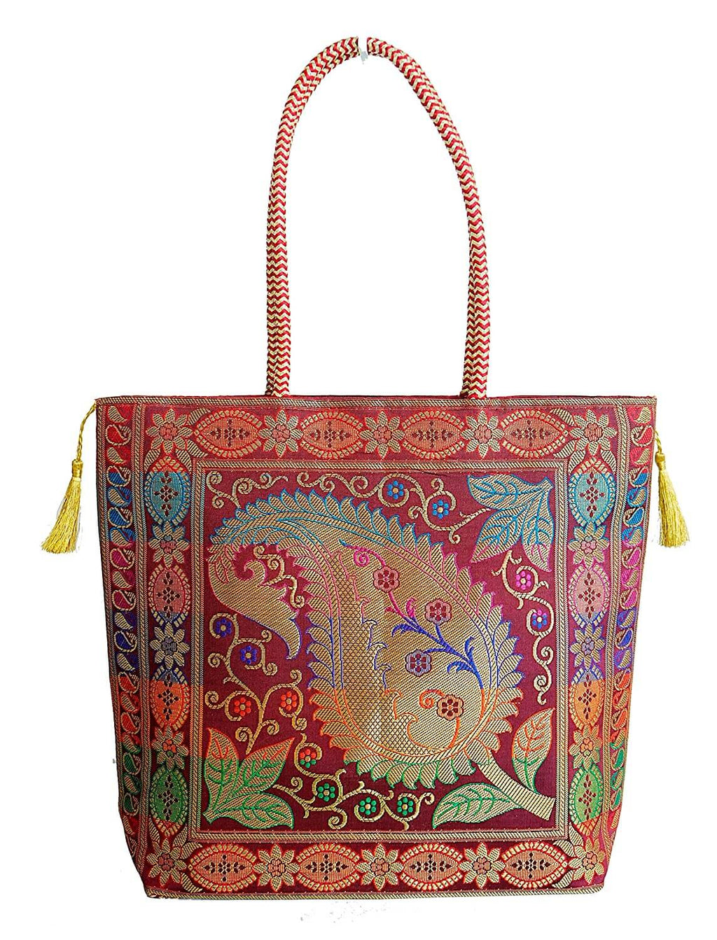 Embroidery Silk Handicraft Hand Bag, Shoulder, Tote Bag For Ladies (13 x 11.5 x 7.5 Inches, Leaves & Flower, Maroon Color) Mangal Fashions | Indian Home Decor and Craft