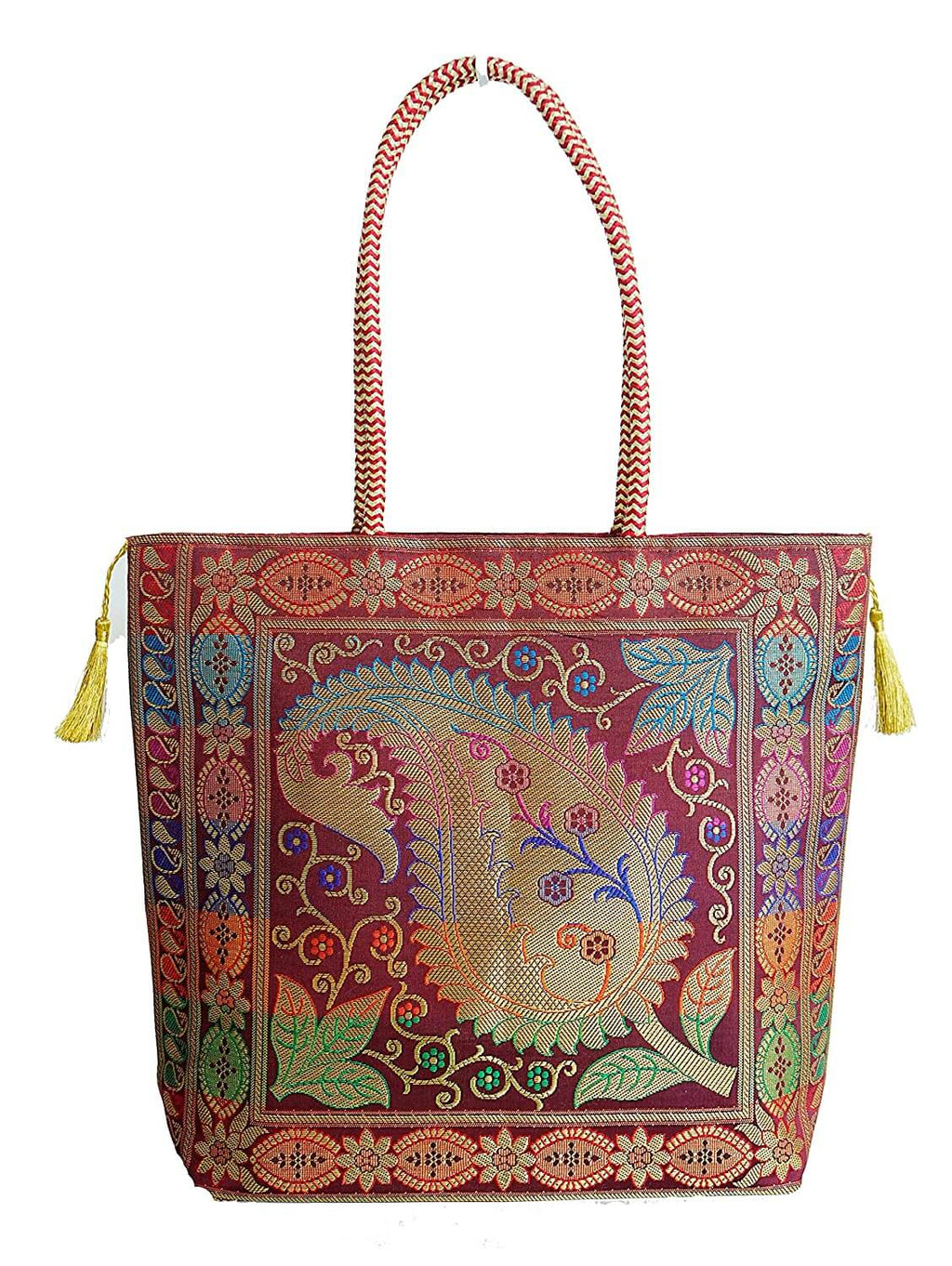 Embroidery Silk Handicraft Hand Bag, Shoulder, Tote Bag For Ladies (13 x 11.5 x 7.5 Inches, Leaves & Flower, Maroon Color) Mangal Fashions | Indian Home Decor and Craft