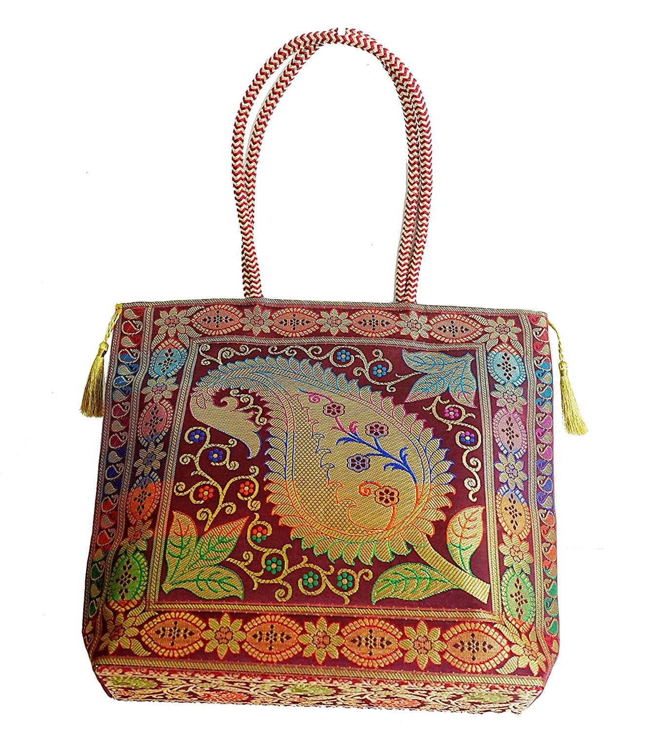 Embroidery Silk Handicraft Hand Bag, Shoulder, Tote Bag For Ladies (13 x  11.5 x 7.5 Inches, Leaves & Flower, Maroon Color)