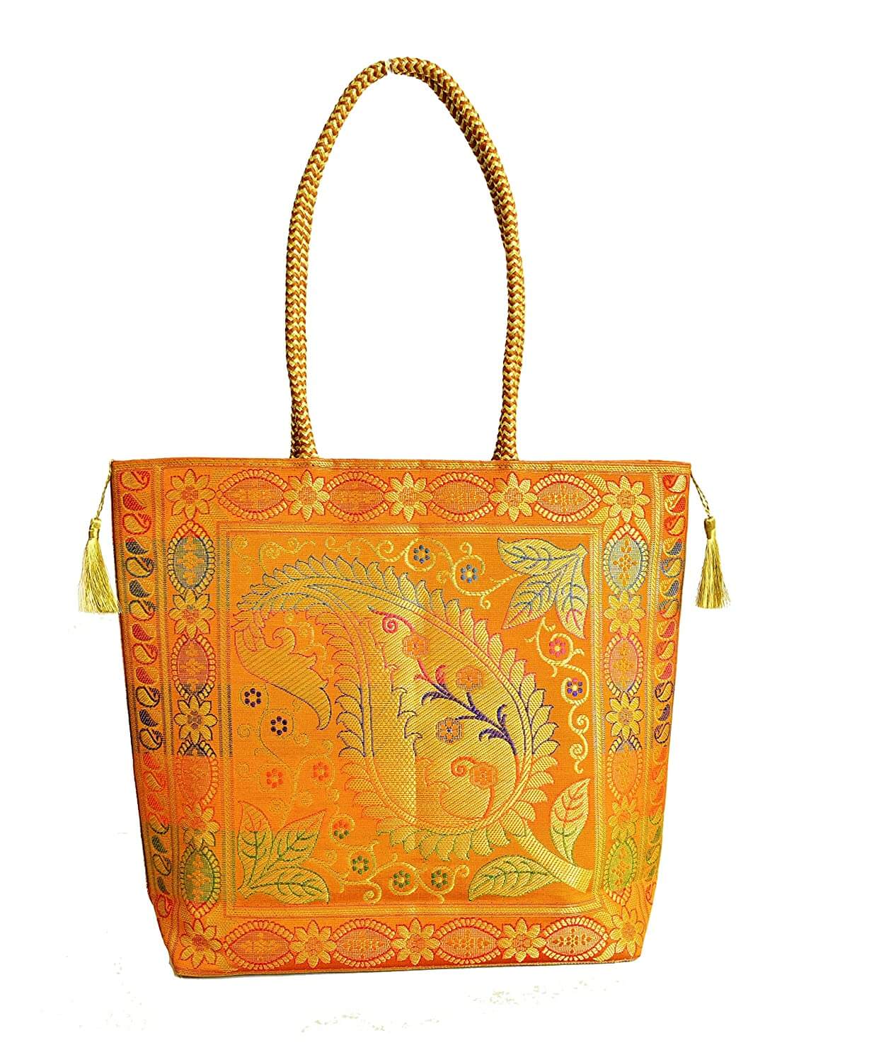 Embroidery Silk Handicraft Hand Bag, Shoulder, Tote Bag For Ladies (13 x 11.5 x 7.5 Inches, Leaves & Flower, Orange Color) Mangal Fashions | Indian Home Decor and Craft