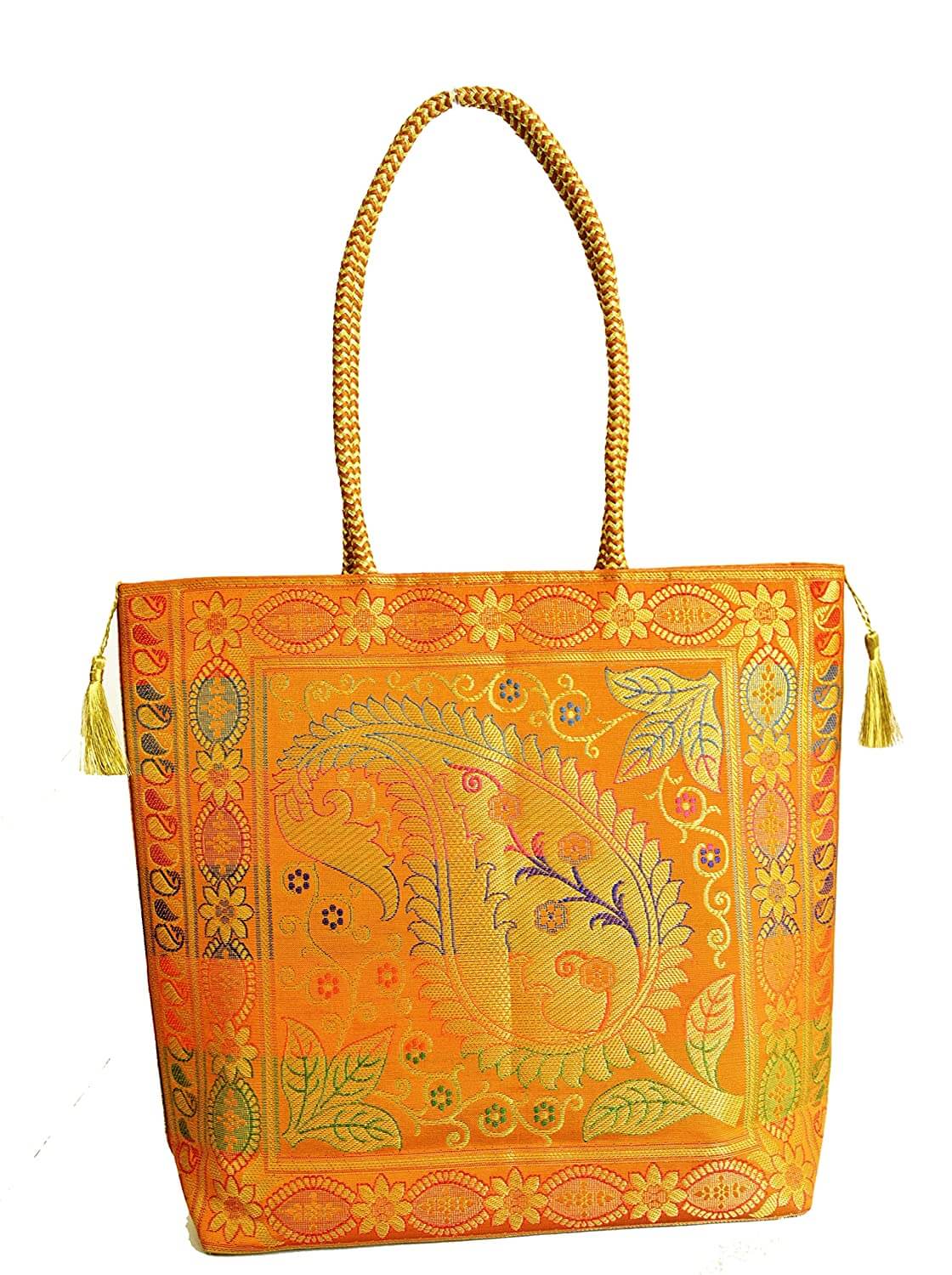 Embroidery Silk Handicraft Hand Bag, Shoulder, Tote Bag For Ladies (13 x 11.5 x 7.5 Inches, Leaves & Flower, Orange Color) Mangal Fashions | Indian Home Decor and Craft