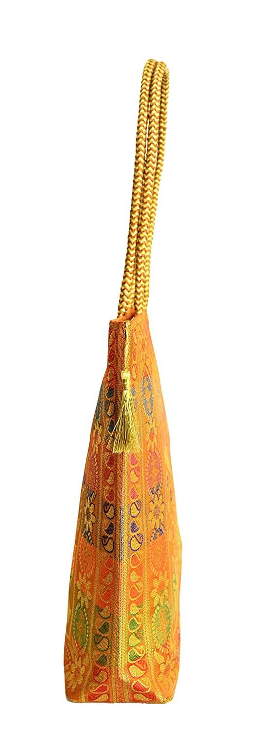 Embroidery Silk Handicraft Hand Bag, Shoulder, Tote Bag For Ladies (13 x 11.5 x 7.5 Inches, Leaves & Flower, Orange Color) Mangal Fashions | Indian Home Decor and Craft