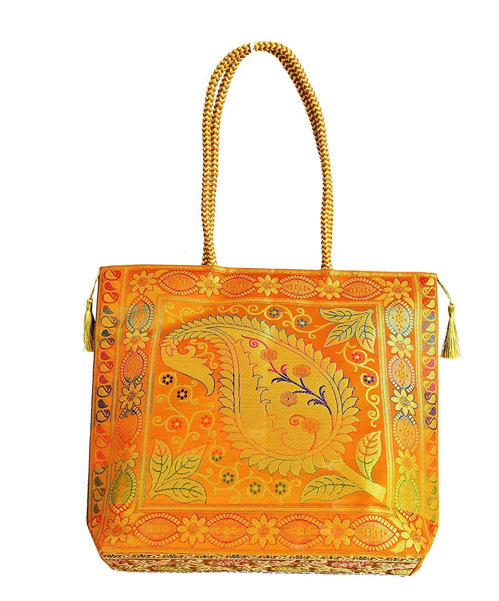 Embroidery Silk Handicraft Hand Bag, Shoulder, Tote Bag For Ladies (13 x 11.5 x 7.5 Inches, Leaves & Flower, Orange Color) Mangal Fashions | Indian Home Decor and Craft