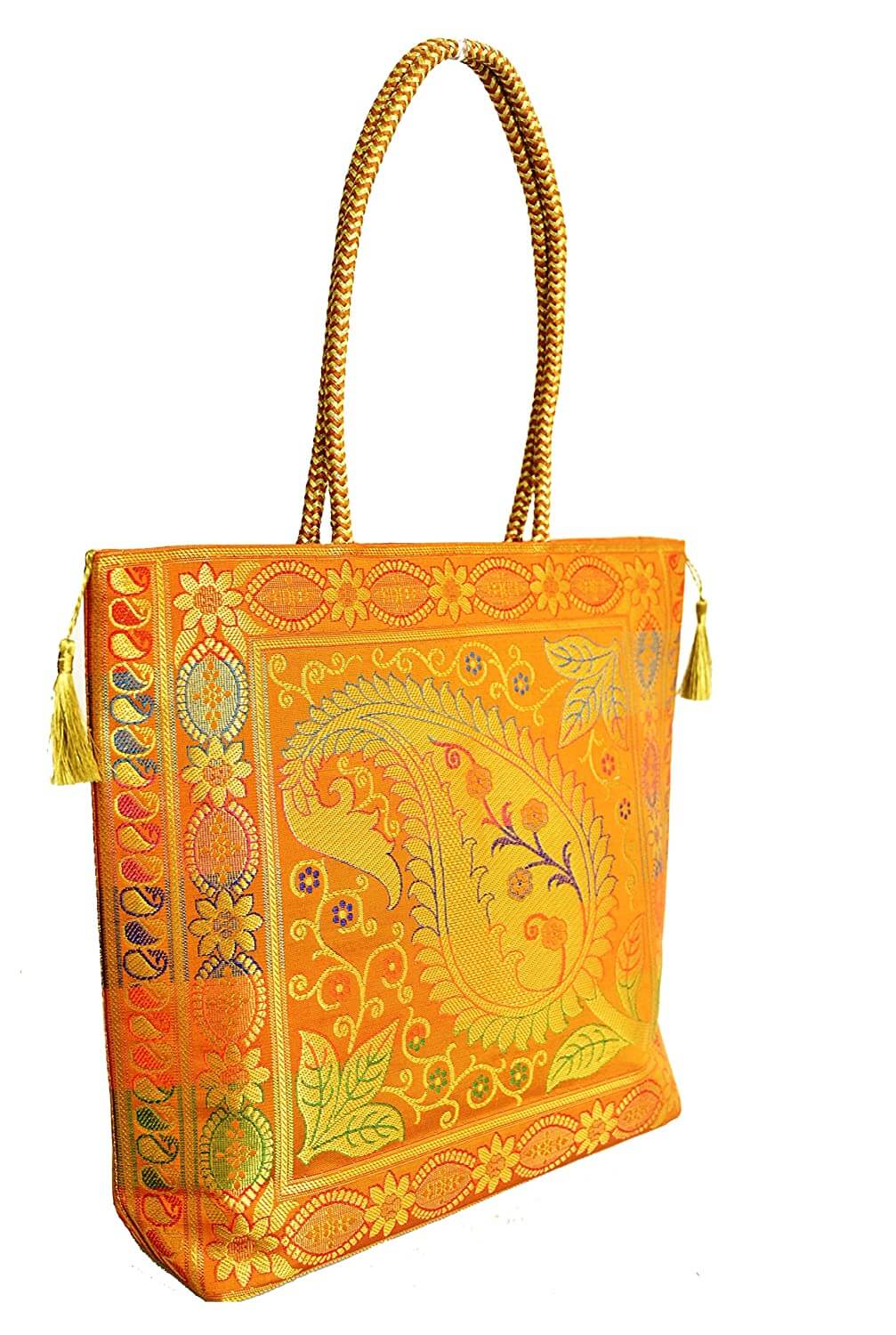 Embroidery Silk Handicraft Hand Bag, Shoulder, Tote Bag For Ladies (13 x 11.5 x 7.5 Inches, Leaves & Flower, Orange Color) Mangal Fashions | Indian Home Decor and Craft