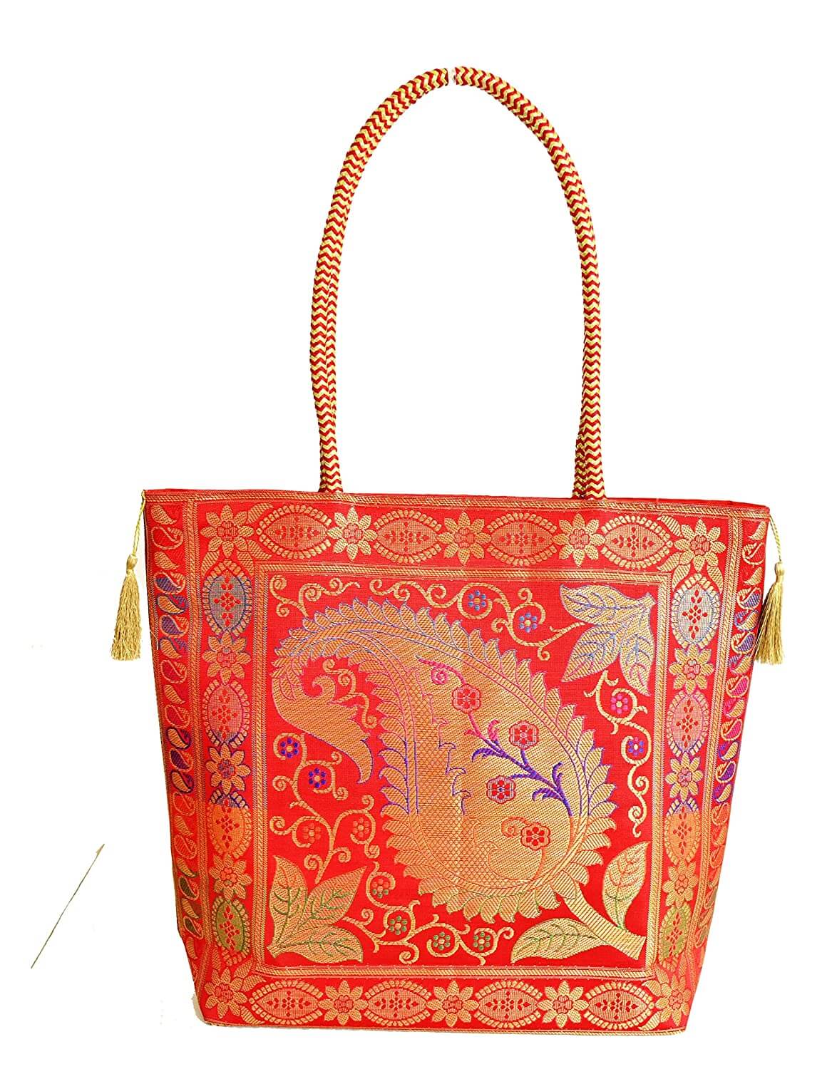 Embroidery Silk Handicraft Hand Bag, Shoulder, Tote Bag For Ladies (13 x 11.5 x 7.5 Inches, Leaves & Flower, Red Color) Mangal Fashions | Indian Home Decor and Craft