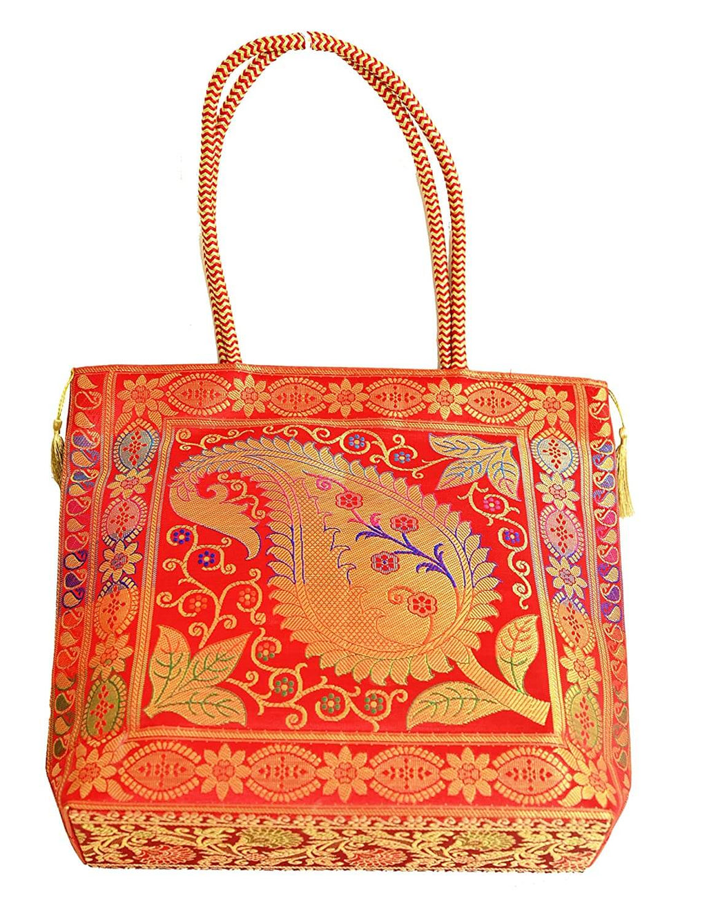 Embroidery Silk Handicraft Hand Bag, Shoulder, Tote Bag For Ladies (13 x 11.5 x 7.5 Inches, Leaves & Flower, Red Color) Mangal Fashions | Indian Home Decor and Craft