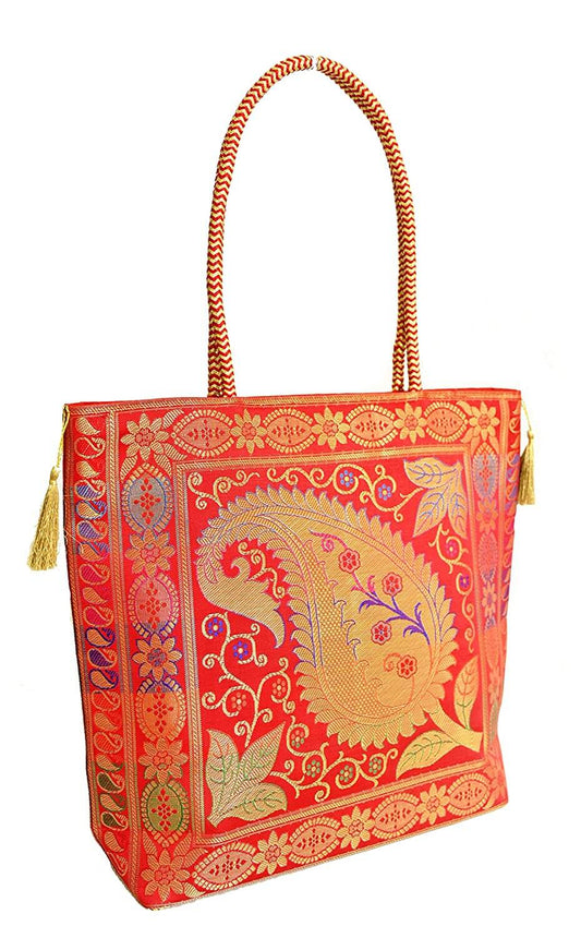 Embroidery Silk Handicraft Hand Bag, Shoulder, Tote Bag For Ladies (13 x 11.5 x 7.5 Inches, Leaves & Flower, Red Color) Mangal Fashions | Indian Home Decor and Craft