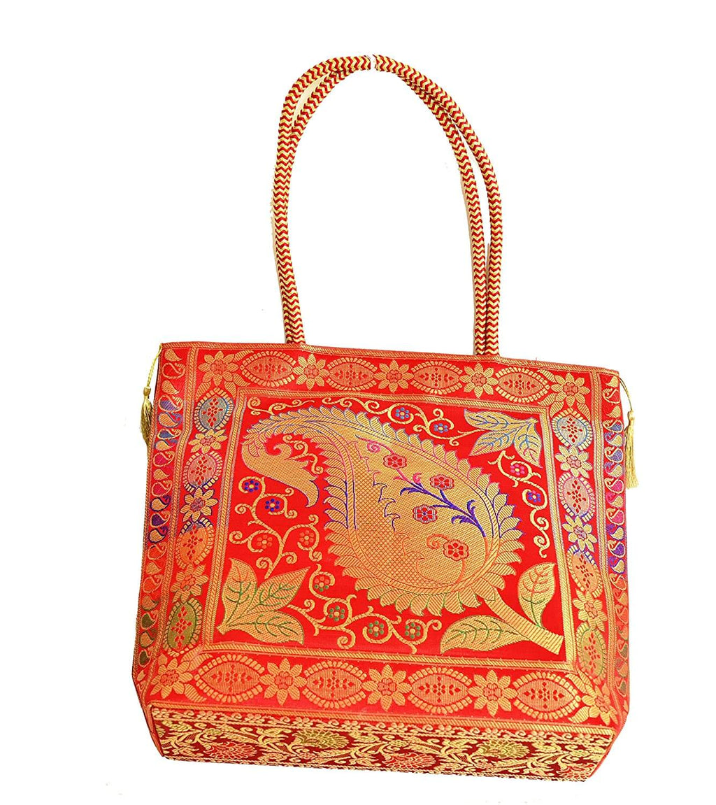 Embroidery Silk Handicraft Hand Bag, Shoulder, Tote Bag For Ladies (13 x 11.5 x 7.5 Inches, Leaves & Flower, Red Color) Mangal Fashions | Indian Home Decor and Craft