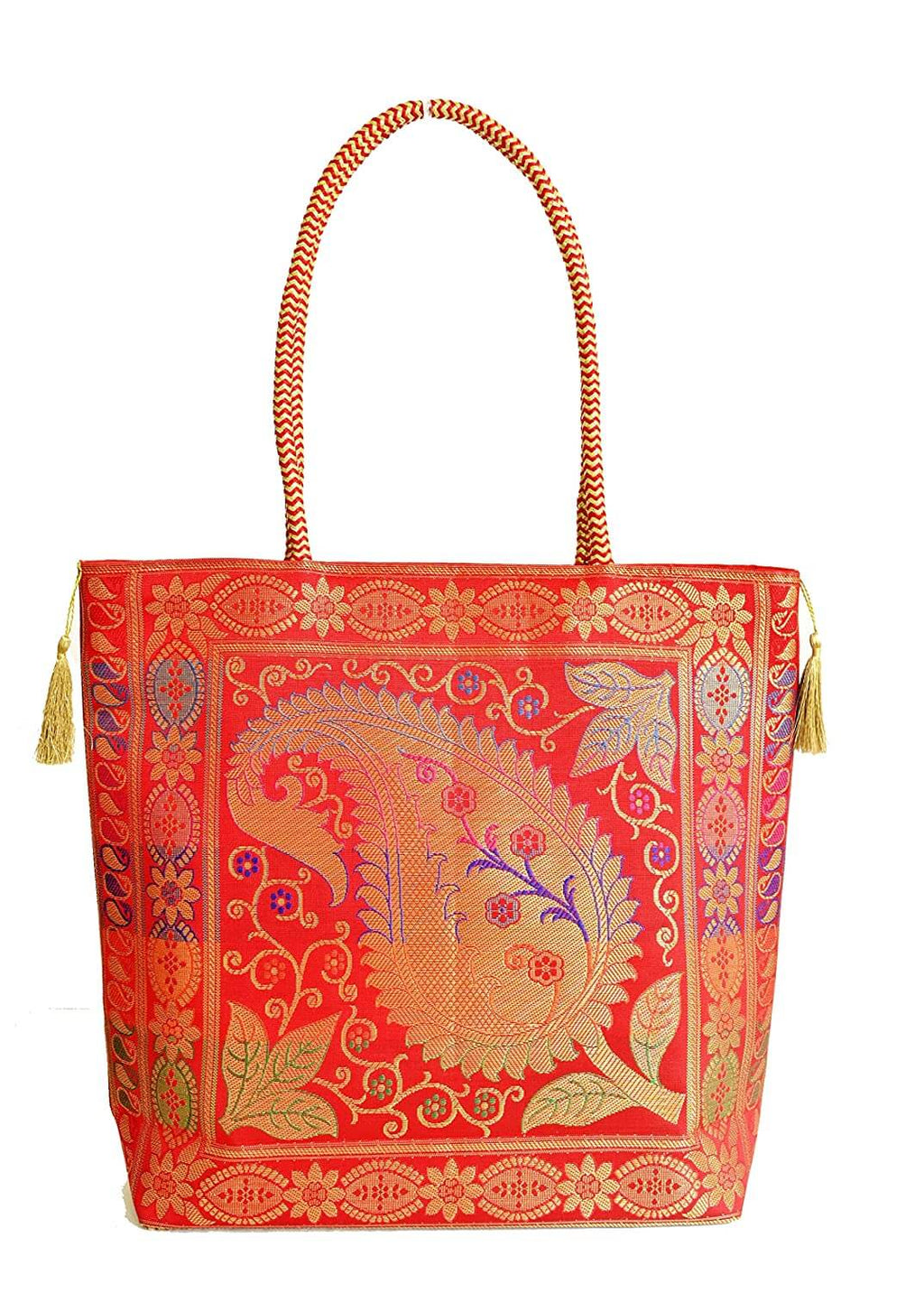 Embroidery Silk Handicraft Hand Bag, Shoulder, Tote Bag For Ladies (13 x 11.5 x 7.5 Inches, Leaves & Flower, Red Color) Mangal Fashions | Indian Home Decor and Craft
