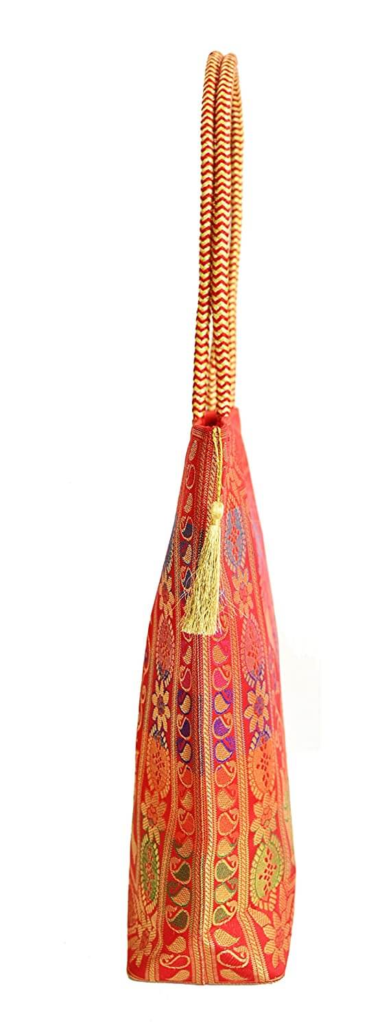 Embroidery Silk Handicraft Hand Bag, Shoulder, Tote Bag For Ladies (13 x 11.5 x 7.5 Inches, Leaves & Flower, Red Color) Mangal Fashions | Indian Home Decor and Craft