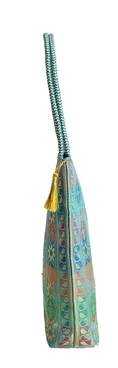 Embroidery Silk Handicraft Hand Bag, Shoulder, Tote Bag For Ladies (13 x 11.5 x 7.5 Inches, Leaves & Flower, Sky Blue Color) Mangal Fashions | Indian Home Decor and Craft