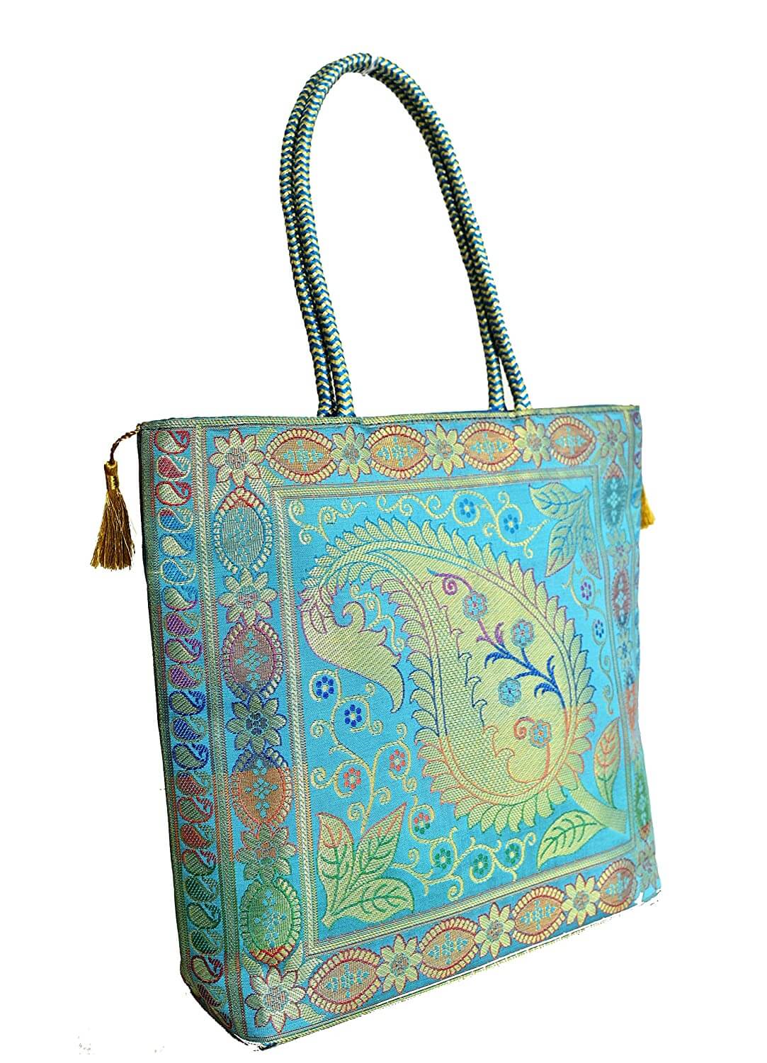 Embroidery Silk Handicraft Hand Bag, Shoulder, Tote Bag For Ladies (13 x 11.5 x 7.5 Inches, Leaves & Flower, Sky Blue Color) Mangal Fashions | Indian Home Decor and Craft